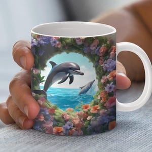 Dolphin Floral Ocean Mug Design Digital Download, 11 15 oz Mug Design, Printable Mug Wrap, Sea Life Mug Art, Floral Dolphin Download
