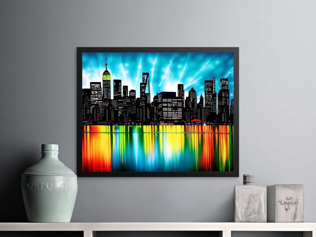 New York City Skyline Digital Download, Modern Urban Wall Art, Colorful