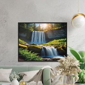 AI generated waterfall digital wall art, nature landscape download, serene waterfall scene printable, tranquility wall decor