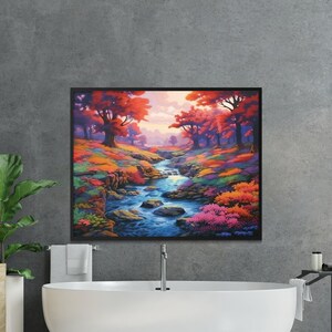Waterfall and River Digital Download Wall Art, Colorful Trees and Flowers, Nature Landscape Art Printable, Instant Download
