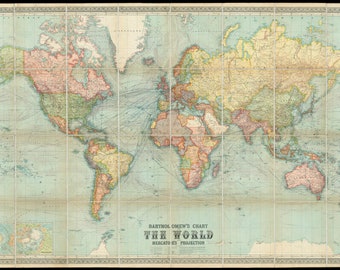 Digital Vintage Map - Bartholomew&#39;s Chart of the World on Mercator&#39;s Projection - 24 inches wide by 18 inches high