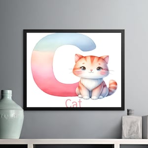 Arte de parede do alfabeto de gato fofo PNG, decoração de berçário para impressão, letra C de animal, download digital, arte de quarto infantil