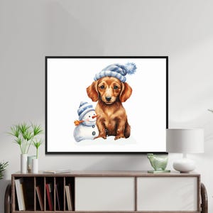 Süßer Welpe und Schneemann, digitaler Download, Wandkunst, Winter Thema, druckbare Kunst, Wohnkultur, Sofort Download, Urlaub Dekor