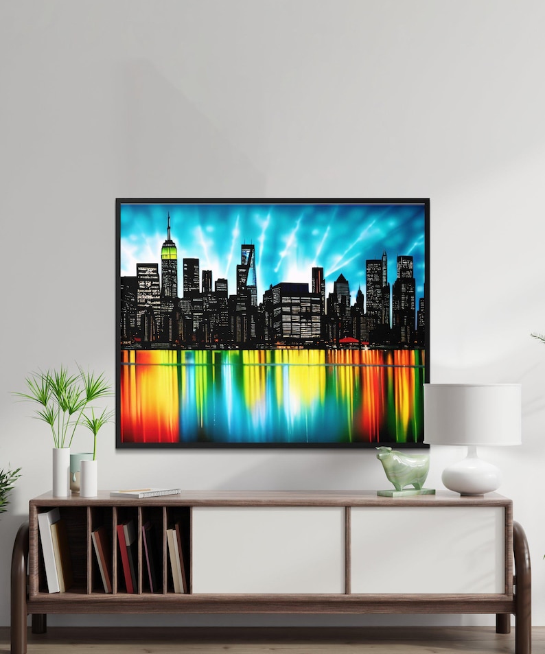 New York City Skyline Digital Download, Modern Urban Wall Art, Colorful