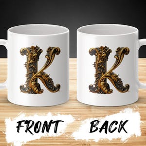 Taza con monograma de la letra K, taza de café con inicial K adornada, regalo personalizado para amantes de la K, taza elegante con letra K, artículos decorativos para beber con inicial K