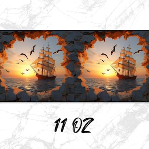 Sunset Ship Seagulls Digital Download Mug Design, 11 and 15 oz Mug Design, Nautical Coffee Mug Print, Digital Wall Art