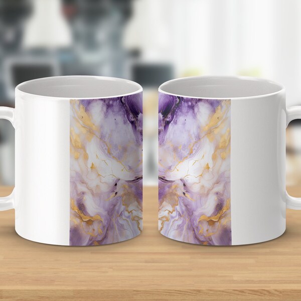 Abstract Purple and Gold Mug, Artistic Coffee Cup, Unique Marbled Drinkware, Home Office Decor, Gift Idea