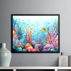 Colorful Underwater Coral Reef Wall Art, Ocean Marine Life Digital Download, Vibrant Sea Life Printable Artwork, Fish and Coral Print