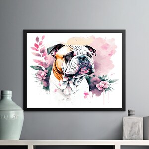 Bulldog Floral Watercolor Art Print, Digital Download Wall Art, Dog Lover Gift, Pet Portrait Decor, Bulldog Wall Decor, Home Decor Art