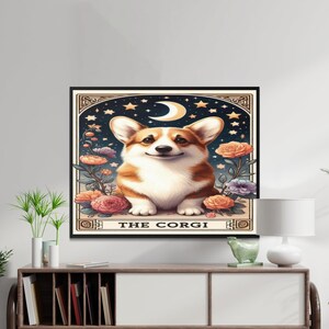 Hund Tarot Karte, Corgis Wand Kunst, Mond und Sterne Dekor, Hund Blumen Illustration, Geschenk für Tierliebhaber, Sofort Download