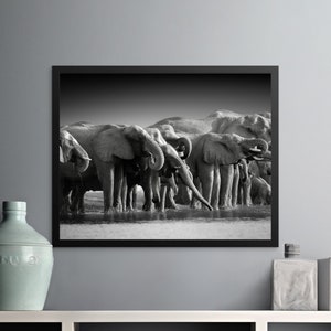Elephant Herd Wall Art, Black and White Elephant Print, Animal Photography Decor, Wildlife Art Print, Elephant Family Poster