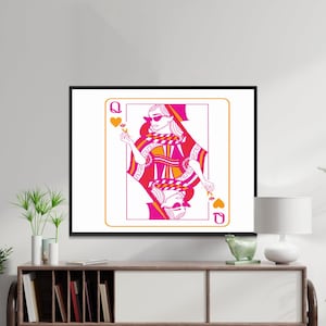 Moderne hartenkoningin speelkaart kunst aan de muur, unieke pop-art digitale print, gedurfd grafisch ontwerp, levendig wanddecor, direct downloaden