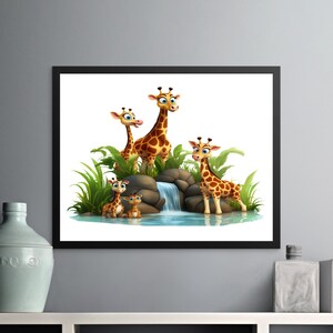 Lindo arte de la pared de la familia de la jirafa de dibujos animados, impresión digital del vivero de la jirafa, decoración de la habitación de los niños, cartel del animal del safari de la selva, animales del bebé adorables