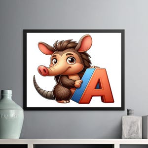 Arte do alfabeto de tatu fofo, download digital de arte de parede para berçário, decoração de quarto infantil, impressão divertida de letra de animal A