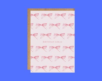 Girlie Bow Birthday Card: Pink Watercolor Bows (5.5 x 4.25")