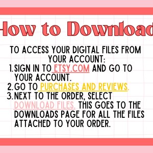 Pode incluir: Gr&aacute;fico emoldurado em rosa com o t&iacute;tulo "How to Download" em vermelho. As instru&ccedil;&otilde;es detalham como acessar arquivos digitais de uma conta Etsy, incluindo login, ir para compras e selecionar "Download Files."
