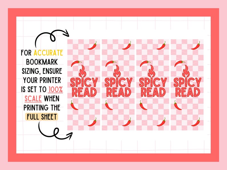 Pode incluir: Folha de marcadores imprim&iacute;veis com um fundo xadrez vermelho e branco. Cada marcador apresenta o texto "SPICY READ" em vermelho com um design de chama e ilustra&ccedil;&otilde;es de pimentas vermelhas.