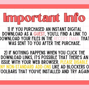 Pode incluir: Gr&aacute;fico digital rosa e branco com texto vermelho "Important Info". O texto fornece instru&ccedil;&otilde;es para baixar arquivos digitais, incluindo a verifica&ccedil;&atilde;o do e-mail de recebimento e a desativa&ccedil;&atilde;o de complementos.