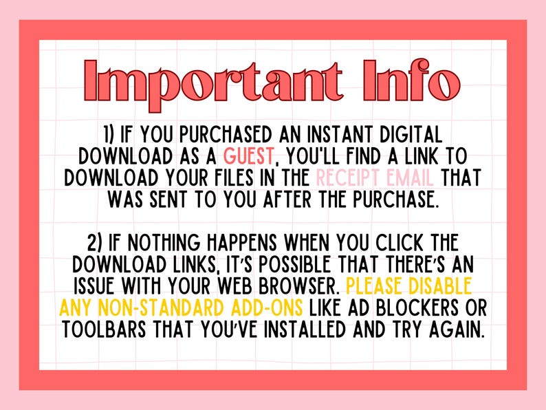 Pode incluir: Gr&aacute;fico digital rosa e branco com texto vermelho "Important Info". O texto fornece instru&ccedil;&otilde;es para baixar arquivos digitais, incluindo a verifica&ccedil;&atilde;o do e-mail de recebimento e a desativa&ccedil;&atilde;o de complementos.