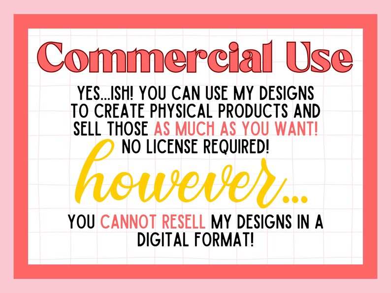 Pode incluir: Gr&aacute;fico emoldurado em rosa com o texto "Commercial Use" em vermelho. O texto afirma que os designs podem ser usados para criar produtos f&iacute;sicos e vend&ecirc;-los sem licen&ccedil;a, mas n&atilde;o em formato digital.