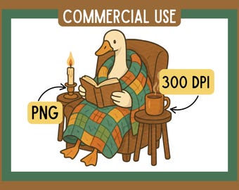 May include: Illustration of a cartoon duck reading a book while sitting in a brown armchair and wrapped in a plaid blanket. A candle and a mug of coffee sit on small side tables. The image includes the text "COMMERCIAL USE", "PNG", and "300 DPI".