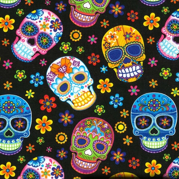 Sugar Skulls on Black, Day of the Dead - 100% Cotton - Sold by the Yard - Cut from the bolt Continuously