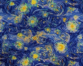 Blue And Yellow Swirls - Starry Night -  100% Cotton Quilting Fabric - Sold by the Yard - Cut from the bolt continuously.