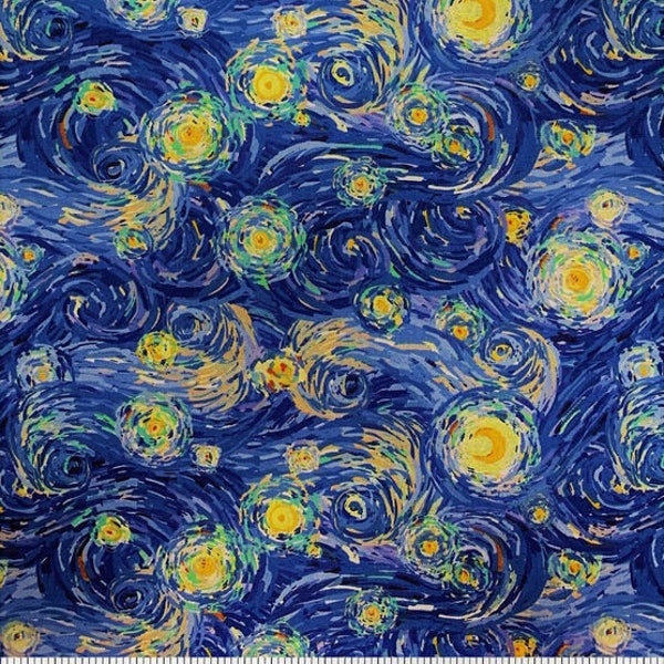 Blue And Yellow Swirls - Starry Night -  100% Cotton Quilting Fabric - Sold by the Yard - Cut from the bolt continuously.