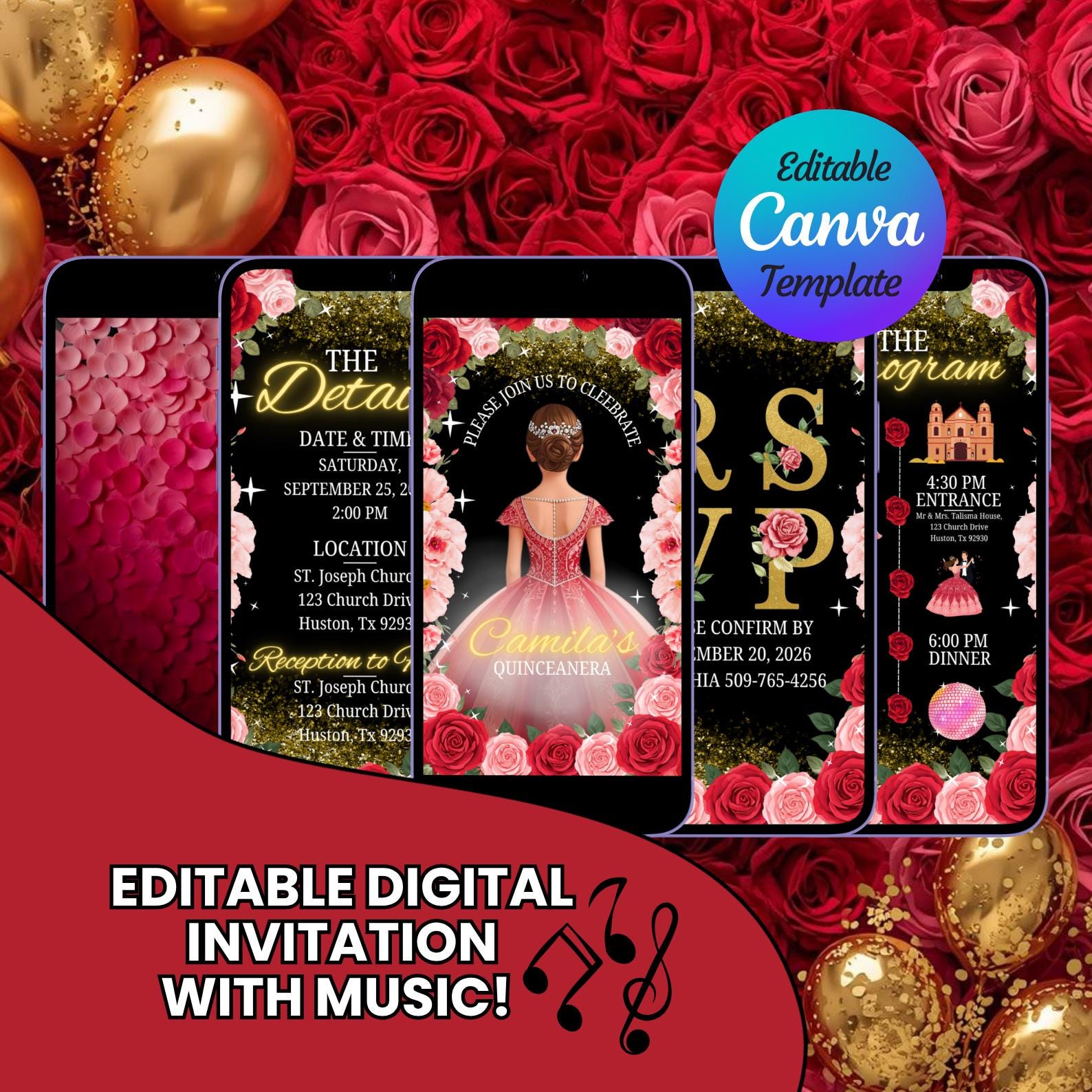 Digital Quinceañera Invitation Editable Canva Template Rose Gold Roses ...