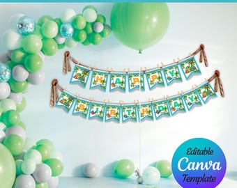 Dinosaur Party Banner Garland Printable, Dinosaur Birthday Decoration, DIY Dinosaur Party Decor, Instant Download, Editable Canva Template