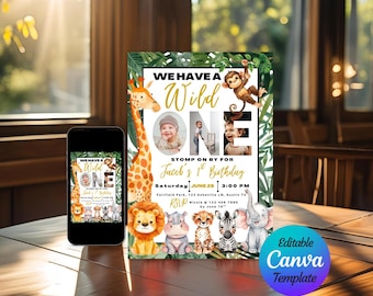 Invito per il primo compleanno di Wild One con animali della giungla e safari - Modello di invito Canva stampabile, scaricabile digitalmente, modificabile, con foto e testo