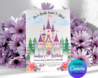 Prinses verjaardagsuitnodiging canvassjabloon, prinses kasteel uitnodigen, vier ooit een prinses 4e verjaardag, bewerkbare afdrukbare meisjesfeest