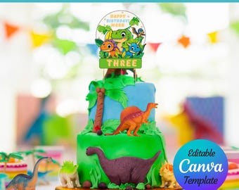 印刷可能な恐竜ケーキトッパー、編集可能な誕生日デコレーション、カスタムネームトッパー、恐竜パーティー用品、Canvaテンプレート、すぐにダウンロード