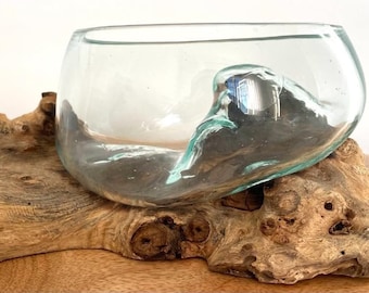 Molten Glass Lava Decorative Bowl On Wood Root Stand Glass Rustic Ornament Sculpture Key Sweet Display Dish