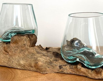 Molten Glass Bowl On Wood Root Decor Stand Glass Rustic Ornament Sculpture Key Sweet Display Dish