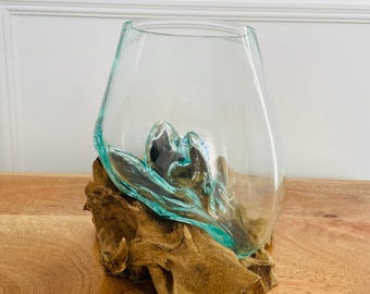 Molten Glass Bowl Decorative Bowl On Wood Root Stand Glass Rustic Ornament Sculpture Key Sweet Display Dish