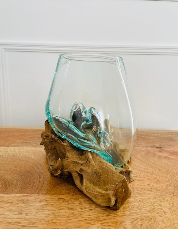 Geschmolzene Glasschüssel Dekorative Schüssel Auf Holzwurzelständer Glas Rustikale Verzierung Skulptur Schlüssel Süßer Anzeigeteller