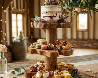 3 Tier Wooden Cupcake Stand Log Tree Slice Rustic Wood Dessert Display Tray 60cm