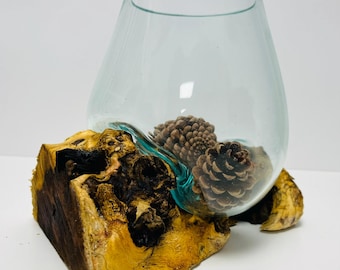 Molten Glass Lava Decorative Bowl On Wood Root Stand Glass Rustic Ornament Sculpture Key Sweet Display Dish