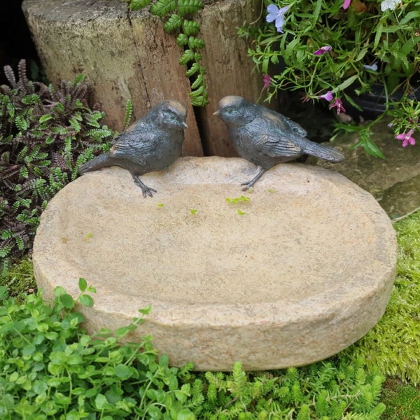 Birds On Stone Bowl Resin Outdoor Bird Bath Food Feeder Dish Sculpture Ornament, Garden Gift