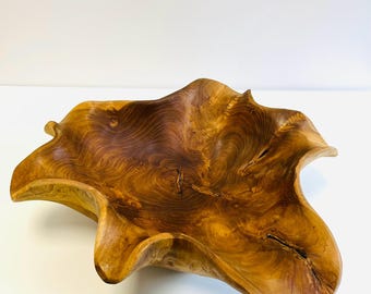 Hand Carved Teak Root Bowl, 45cm, Rustic Wooden Serving Centrepiece for Fruit Display and Table Decoration