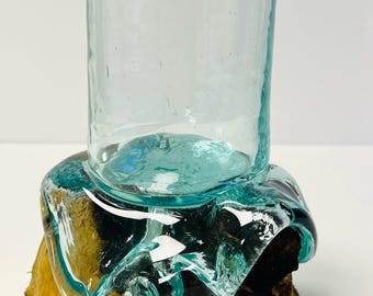 Molten Glass Bowl on Wood Base, Art Glass Pen Holder, Desk Organizer Display