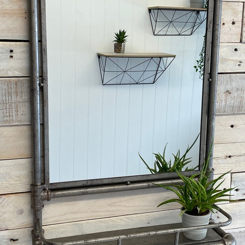 Industrial Metal Pipe Mirror With Floating Wooden Shelf Etsy