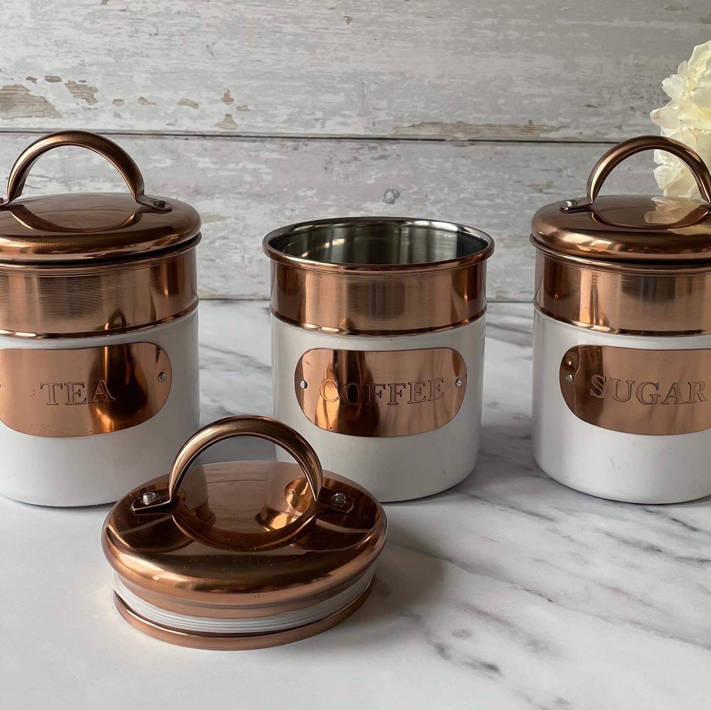 Vintage Retro Set of 4 Copper Kitchen Canisters - Copper Color - Flour,  Sugar, Coffee, Tea Storage - Rustic Cottage Chic Decor