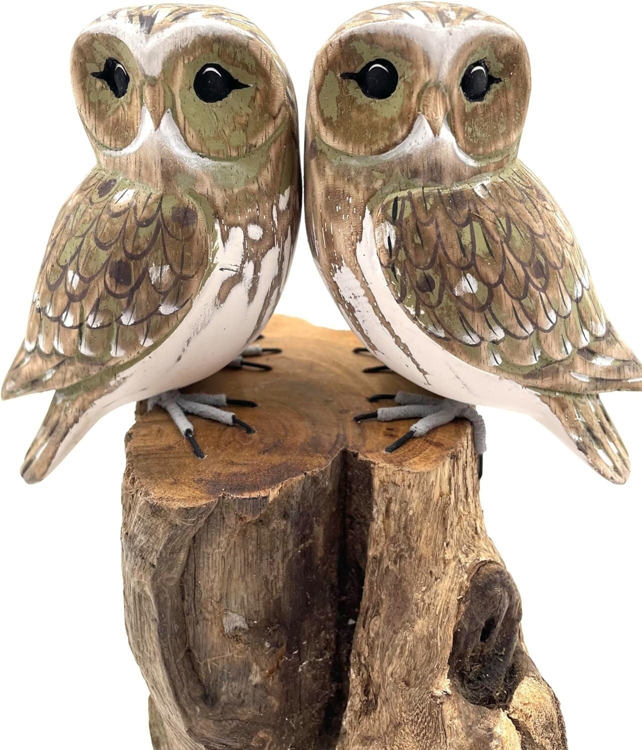 Wooden Hand Carved Double Owl Bird | Tree Stump Painted Great British Birds Indoor/Outdoor Garden Or