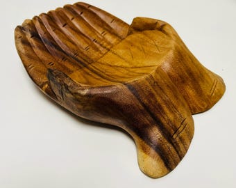 Hands of Hope Decorative Bowl |Teak Root Wooden Display | Church Collection Vintage Carved Serving Decor 30cm