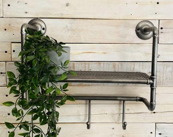 Industrial Pipe Style Shelf With Hooks, Bathroom Towel Rack Or Coat Hook