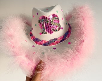 TS LOVER LOVEFOOL - pastel pink lilac purple blue green & white glitter heart cowboy cowgirl western hat inspired by taylor swift eras tour