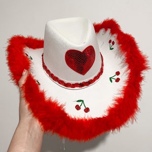 CALL ME BABY (red) - white cowboy cowgirl hat with glitter cherries, red sequin heart and fluff for harry styles lot festival rave