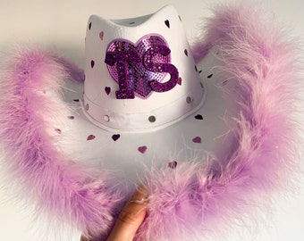 TS SPEAKNOW LOVEFOOL - lilac purples and white glitter heart cowboy cowgirl country western hat inspired by taylor swift eras tour festivals